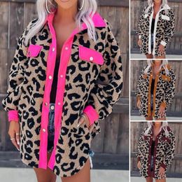 Women's Jackets Women Winter Coat Plush Thick Leopard Print Single-breasted Soft Warm Cardigan Contrast Colors Pockets Lady For Outdoor