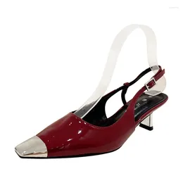 Dress Shoes Black High Heels Ladies Square Slingback Women Patent Leather Low Heel Summer Office Pumps Wine Red Zapatos Mujer