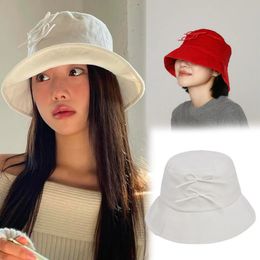 Bow Quick Drying Sun Protection Fisherman Hat for Womens Summer Light and Thin Beach Sun Hat Y2K Cute Girl Bucket Hat 240507