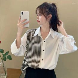 Women's Polos Shirts Women Summer Korean Irregular Stripe Stitching Shirt Female Loose Long-sleeved Coats Fashion Clothing