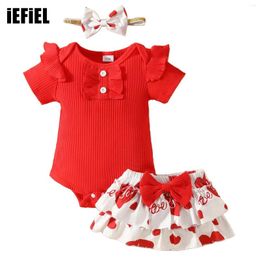 Clothing Sets Baby Girls Hearts Print Outfit Valentines Day Short Sleeve Romper Bodysuit With Bow Layered Mini Skirt Shorts And Headband Set