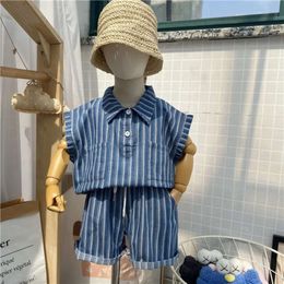 1-9Yrs Boys Striped Suit Handsome Children's Clothing Kid Clothes Set Baby Denim 2pcs Korean Summer Fashion Outfit L2405