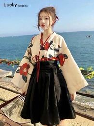 Ethnic Clothing Japanese Style Floral Print Dress Long Kimono Skirt Kawaii Girls Party Robe Set Vintage Costume Asian Cosplay Women