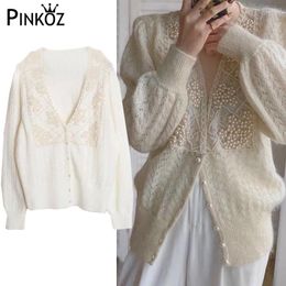 Women's Knits Pinkoz Elegant French Style White Cardigans For Women Loose Spring Summer Thin Long Sleeve Sweater Beading Luxury Tops Lady
