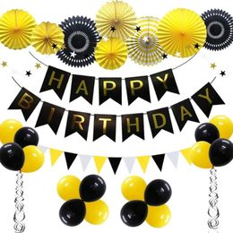 Black Yellow Happy Birthday Decorations Banner Latex Balloons Triangel Pennants Hanging Swirls Paper Fans Flower Star Garlands 240522