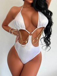 Women's Swimwear Sexy White Hollow Out One Piece Swimsuit Women Shiny Metal Chain Ring Linked Backless Monokini Beach Bathing Suit 2024