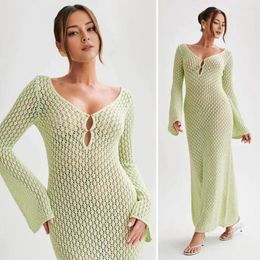 Casual Dresses Women Dress Elegant Hollow Out V Neck Maxi For Long Sleeve Knitted Beach Coverup With Sun Protection Backless A