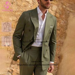 Men's Suits Fashion Army Green Slim Fit For Men 2 Piece Pants Set Formal Groom Wedding Peaked Lapel Tuxedos Custome Homme Pour Mariage