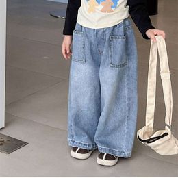 Spring Autumn Children's Pocket Wide Leg Contrast Loose Relaxed Pants for Boys and Girls Jeans Baby Kids Byxor L2405