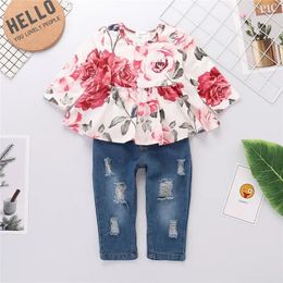 Clothing Sets 2PCS Clothes Set Toddler Baby Girl Floral Print Long Sleeve Top Ripped Hole Denim Pant Autumn Costume For Kids 1-4 Years