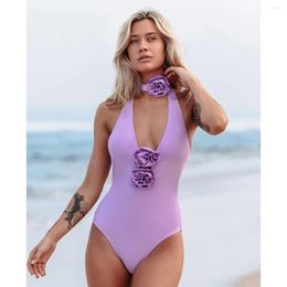 Women's Swimwear 2024 Sexy Swimsuit Women V Neck One Piece 3D Flower Bodysuit Monokini Halter Bathing Suits Swim Suit Wear Beachwear