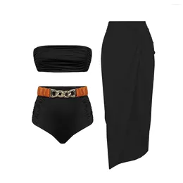 Women's Swimwear Black Belt Swimsuit With Cover Up Buckle Women Push Bikini Set Female Off Shoulder Swim Suits Bodysuit Beachwear