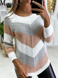 Women's Sweaters Colour Block Stripes Pullover Long Sleeve O-Neck Loose Ladies 2024 Autumn Winter Womens Irregular Jumpers