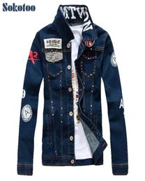 Sokotoo Men039s slim English flag patch design rivet jean jacket Casual dark blue washed denim coat Outerwear 2010042764743