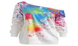Fashion Women Skew Neck Long Sleeve Long Section Candy Colors One Word Collar Paint Splatter Print Sweatshirt Top1973465