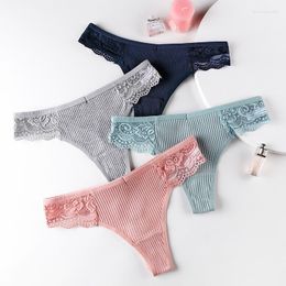 Women's Panties 3 Pcs/Set Simple Lace Cotton Thong Women Sexy G-Strings Stripe Underwear Ladies Underpants Briefs Set