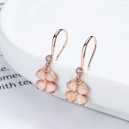 Dangle Earrings Four 4 Leaf Clover Real 925 Sterling Silver White Cubic Zirconia Pink Heart Cut Synthetic Glass Fine Jewelry For Women