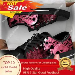 Casual Shoes Fashion Skull Print Canvas Women Black And Pink Lace Up Flats Retro Style Low Top Footwear For Female