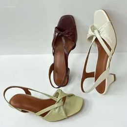 Leather Square Stiletto Bury Sandals Toe 2024 Bowknot Open-toed Mid-heel High-heeled Shoes Outerwear Slip-on 1a2