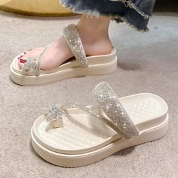 Shiny Crystal Butterfly Flat Heeled Sandals Women Summer Clip Toe Platform Slippers Woman Soft Thick Sole Flip-Flops Slides 240510