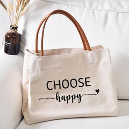 Shopping Bags Choose Happy Printed Satchel Tote Bag Work Gift For Friends Women Lady Fashion Canvas Beach Handbag