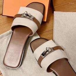 Slippers Silver Lock Buckle Square Toe Flat Woman Summer 2024 Open Slingback Slip-On Sandals Leisure Luxury Shoes For Women