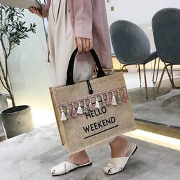 Women Summer Beach Bags Handbags Large Capacity Lady Tassel Shoulder Bag Big Letter Linen Casual Girls Travel Shopping 240508