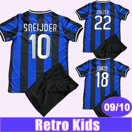 09 10 SNEIJDER Retro Kids kit Soccer Jerseys MILITO SUAZO Home Black Blue Child Suit Football Shirts Short Sleeve Uniforms