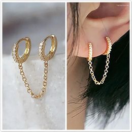 Hoop Earrings One PCS Two Hole Piercing For Women Brilliant Crystal Zircon 3 Metal Color Chain Earring Party Jewelry