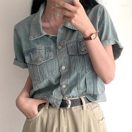 Women's Jackets Summer Retro Lapel Single Breasted Open Thread Loose Short Sleeved Denim Jacket Women Coats