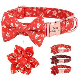 Dog Collars Leashes Custom Christmas Collar Bow Knot Plaid Pet Personazlied Flower Cat Puppy ID for Small Medium Large H240522