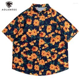 Men's Casual Shirts Men Retro Short Sleeved Shirt Oil Painting Flower Print Summer Beach Oversized Top High Street Loose Unisex