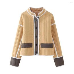 Women's Jackets Fashion Contrast Patchwork Jacket For Women Casual Stand Collar Single Breasted Long Sleeve Coat With Pockets Female Outwear