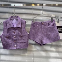 PREPOMP Spring Sequins Bright Silk Metal Buttons Tweed Vest Purple Shorts Two Piece Set Women Outfits GP383 240520