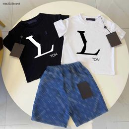 New kids tracksuits designer boys Summer denim suit baby clothes Size 100-150 CM 2pcs T-shirt and Logo Full Print denim shorts 24May