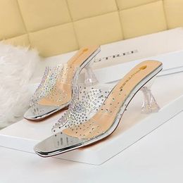 Slippers Summer Women Black Transparent PVC 6cm Slides Shoes Gold Crystal Heels 34 Hollow Out Sandals Rhinestone Kitten 40