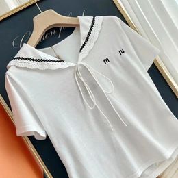 Women's T Shirts Mm24 Summer Fashion Bear Letter Temperature Sweet Style Slim Short SleeveT-shirt Loose V-Neck Tie Women Elegant Tops