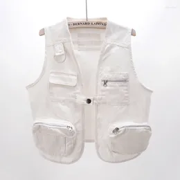 Women's Vests Korean Fashion White Denim Vest Women Casual Sleeveless Cowboy Waistcoat Jacket Coat Loose Short Big Pocket Jeans Female