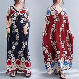 Casual Dresses 2024 Summer Fashion Long Printed Cotton Silk V-neck Short Sleeve Loose Large Size Women's Comfortable Dress Trend H011