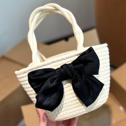 Straw Beach Bag Designer Womens Black Bowknot Thick Hemp Rope Handbag Crossbody Bag Shoulder Bag Original Lable Mini Hobo Literary Style Cell Phone Storage Bag