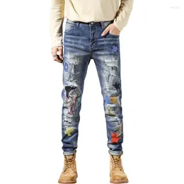 Men's Jeans Men Slim Fit Stretch Blue Hip Hop Patchwork Distressed Ripped For Man Frayed Denim Pants Streetwwear