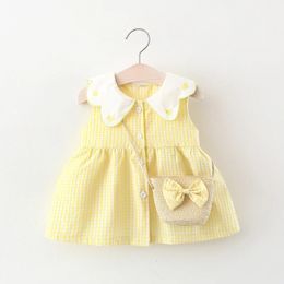 Summer born Dress Fashion Print Doll Collar Cute Princess Beach Flowers DressesBag Little Girls Heart Plaid Clothing 240522