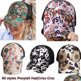 Party Hats Sunflower Ponytail Hat Criss Cross Mesh Back Baseball Cap Washed Died Messy Bun Ponycaps Trucker Wholesale Drop Delivery Ho Dhzsk