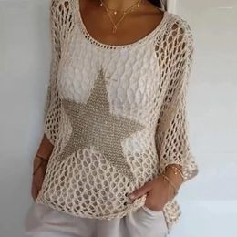 Women's Blouses Women Crochet Tops O-neck 3/4 Sleeves Cutout Knit Top Hollow Out Fishnet Blouse Star Pattern Mesh Swimsuit Cover-Up