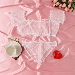 Bras Sets Sexy Women Underwear Temptation Breathable Mesh Navel Exposed Erotic Wave Point Perspective One Shoulder Bra Pajamas Set