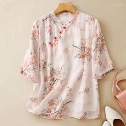 Women's Blouses 2024 Chinese Style Summer Tops Standing Collar Floral Printed Shirt Retro Loose Women Cotton Linen Blouse