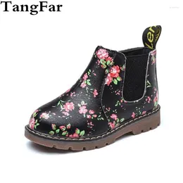 Boots Children Rubber Waterproof Flower Print Baby Girls Flat Heel Shoes Kids Leather Non-slip Toddler Ankle Boot