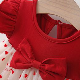 Baby Girls Summer New Small Flying Sleeve Ruffled Love Pattern Bag Edge Bow Sweet Princess Dress Birthday Party