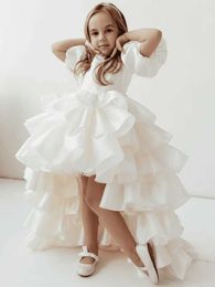 Christening dresses Flower girl dress in beige solid lace up bow and short sleeved tail used for wedding birthday party and communion dresses Q240521