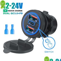 Car Cigarette Lighter Charger 68W Dual Qc 3.0 Usb Pd Type-C Triple Socket 12-24V With Touch Switch For Boat Marine Rv Drop Delivery Dhgab